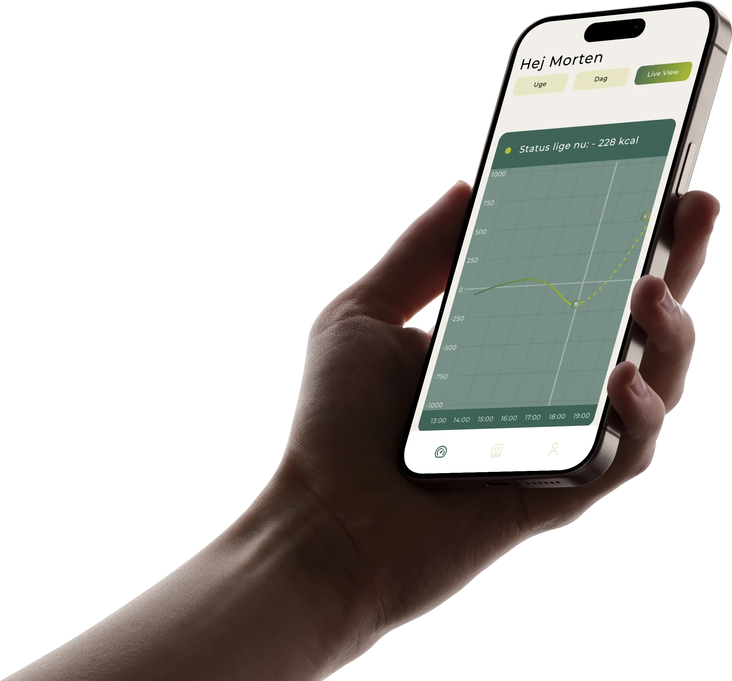 Mobilskærm, der viser Live-visningen i Carboplanner-appen for brugeren John. Et grønt diagram viser den aktuelle kaloriebalance med teksten “Live status: +384 kcal.” Grafen har en lodret gul linje og en skala fra -1000 til +1000 kalorier, som angiver energiforbruget i realtid.