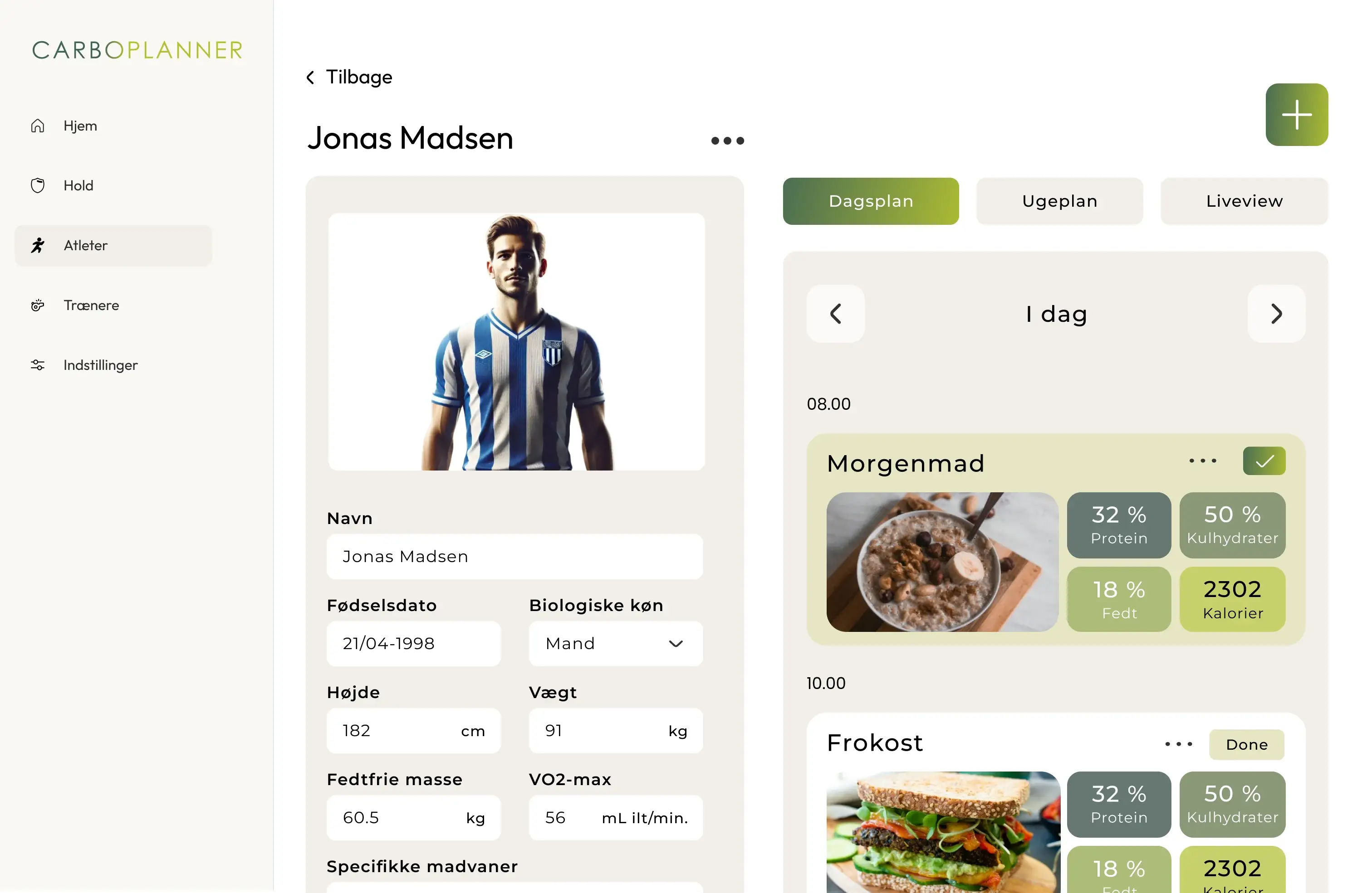 Skærmbillede af CarboPlanner-dashboard med holdoversigt, energidiagram og spillerstatistik